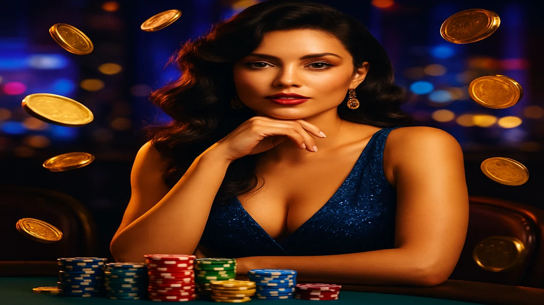 DK222 লাইভ গেমিং-এ একটি সুন্দর ডিলার পোকার টেবিলে আপনাকে ১০০% স্বাগতম বোনাসসহ খেলার আমন্ত্রণ জানাচ্ছেন, চারদিকে চিপস ও ভাসমান সোনা-কয়েন ঘিরে রয়েছে।