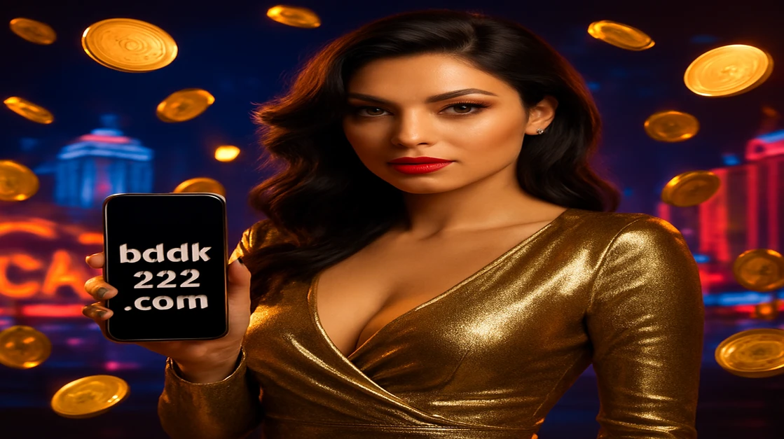 একজন নারী DK222 ক্রিপ্টো গেমিং প্ল্যাটফর্মে লগইন করার জন্য একটি স্মার্টফোন ধরে আছেন, চারপাশে আলোকময় ডিজিটাল কয়েন ও একটি ভবিষ্যৎ-গেমিং প্ল্যাটফর্ম পরিবেশ তাকে ঘিরে রয়েছে।